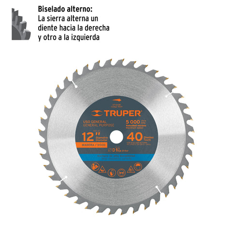 Disco sierra 12' para madera, 40 dientes centro 1', Truper | ST-1240E | 18311
