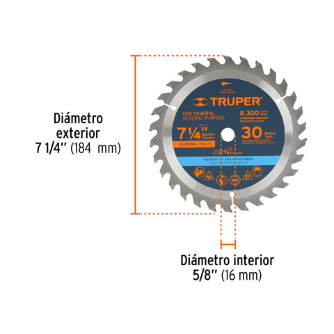 Disco sierra 7- 1/4' para madera, 30 dientes centro 5/8' | ST-730 | 18318