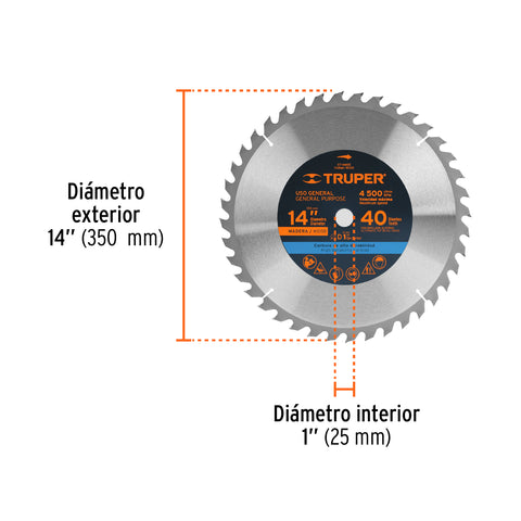 Disco sierra 14' para madera, 40 dientes centro 1', Truper | ST-1440E | 18322