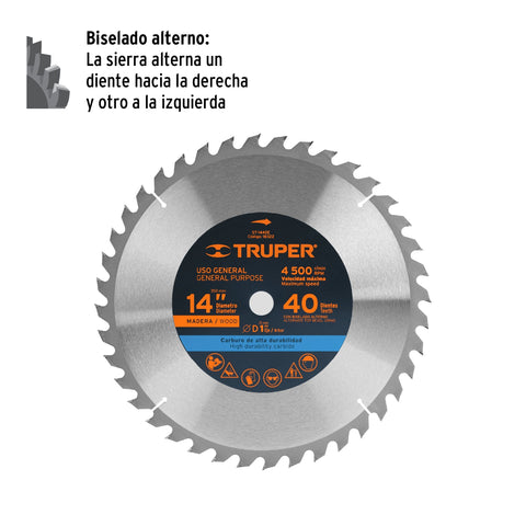 Disco sierra 14' para madera, 40 dientes centro 1', Truper | ST-1440E | 18322