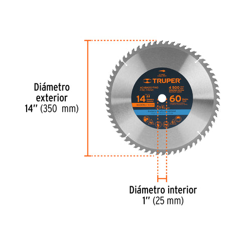 Disco sierra 14' para madera, 60 dientes centro 1', Truper | ST-1460E | 18323