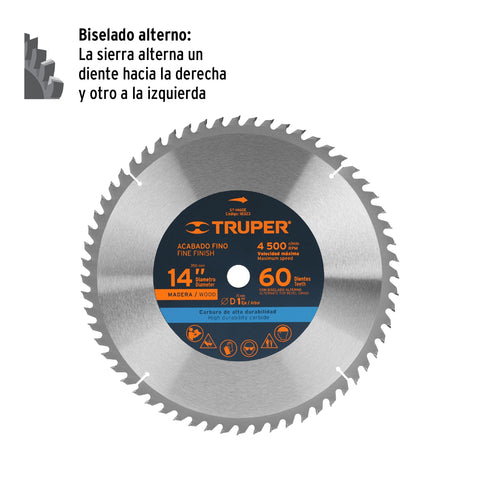 Disco sierra 14' para madera, 60 dientes centro 1', Truper | ST-1460E | 18323