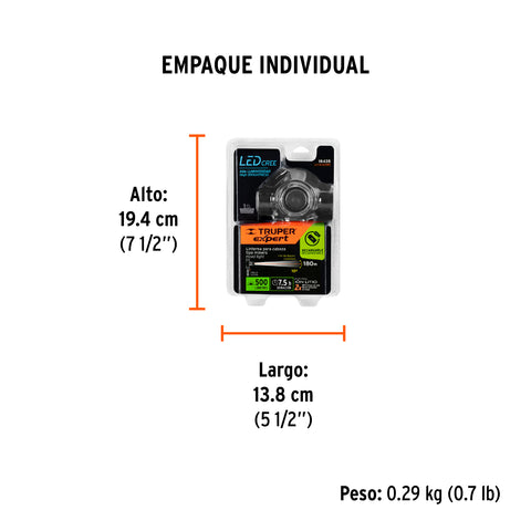 Linterna de minero LED 500 lm, recargable, TRUPER EXPERT | LI-CA-550RX | 18435