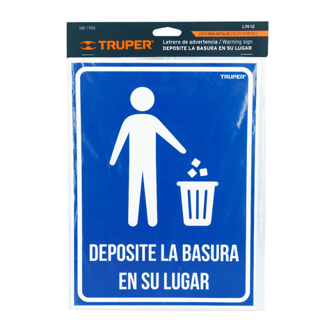 Letrero señalización'DEPOSITE LA BASURA EN SU LUGAR',21x28cm | LIN-12 | 18529