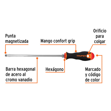 Desarmador plano 5/16' x 10' mango Comfort Grip, Truper | DR-5/16X10B | 18546