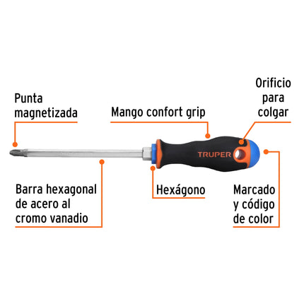Desarmador de cruz 5/16' x 6' mango Comfort Grip, Truper | DP-5/16X6B | 18548