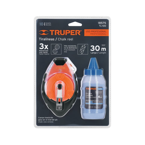 Tiralíneas profesional plástico con gis, 30m(100 ft), Truper | TL-100 | 18575