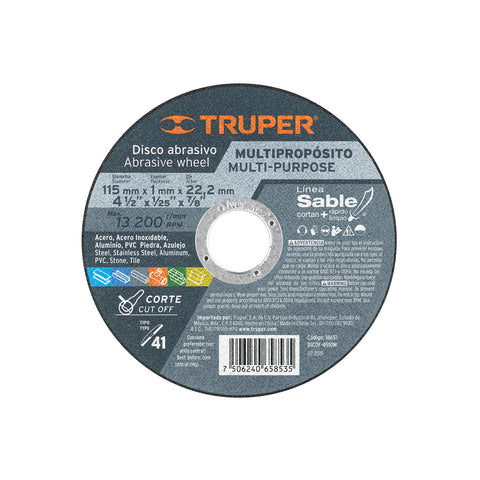 Disco Tipo 41 de 4-1/2' x 1 mm corte multimaterial, Sable | DICOF- 4510M | 18651