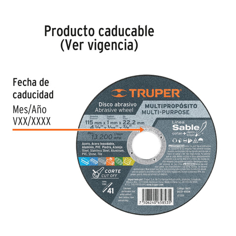 Disco Tipo 41 de 4-1/2' x 1 mm corte multimaterial, Sable | DICOF- 4510M | 18651