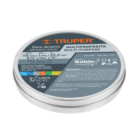 Disco Tipo 41 de 4-1/2' x 1 mm corte multimaterial, Sable | DICOF- 4510M | 18651