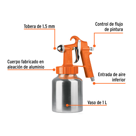 Pistola p/pintar baja presión, 1.5 mm, naranja, entrada inf | PIPI-26 | 19000
