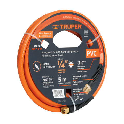 Manguera para compresor, de PVC, 5m x 1/4', Truper | MAN-PI-5-1/4 | 19013