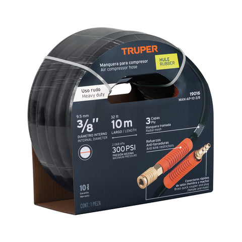 Manguera para compresor, de hule, 10m x 3/8', Truper | MAN-AP-10-3/8 | 19016