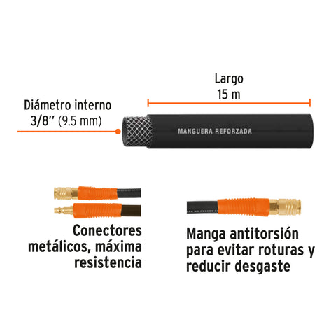 Manguera para compresor, de hule, 15m x 3/8', Truper | MAN-AP-15-3/8 | 19017