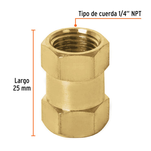 Cople de latón, hembra-hembra, cuerda 1/4' NPT, TRUPER | COPLE | 19025