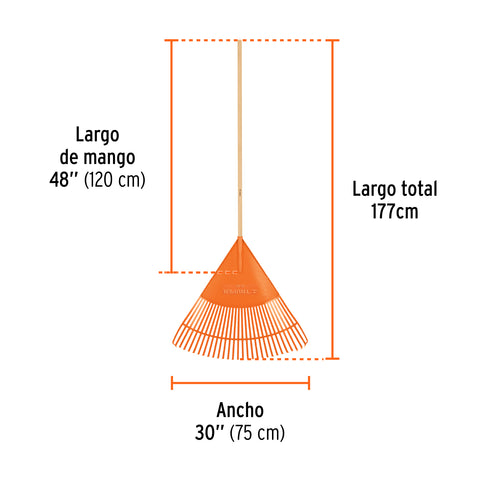 Escoba plástica para jardín, flexible, 30 dientes, mango 48' | EP-30 | 19065