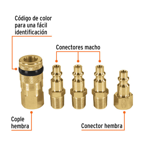Juego de 4 conectores rápidos y 1 cople, de latón, TRUPER | CORAL-5 | 19081