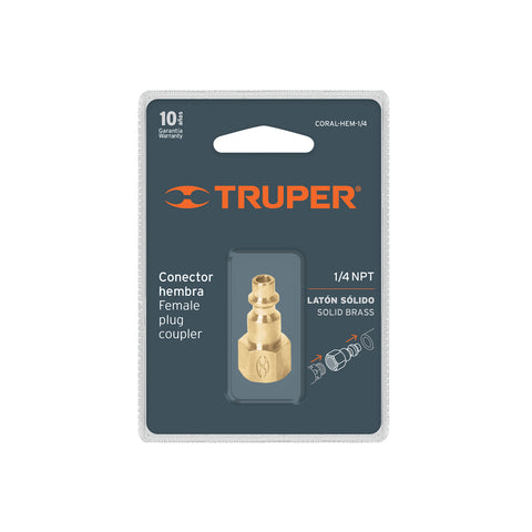 Conector rápido de latón, hembra, cuerda 1/4' NPT, TRUPER | CORAL-HEM-1/4 | 19082