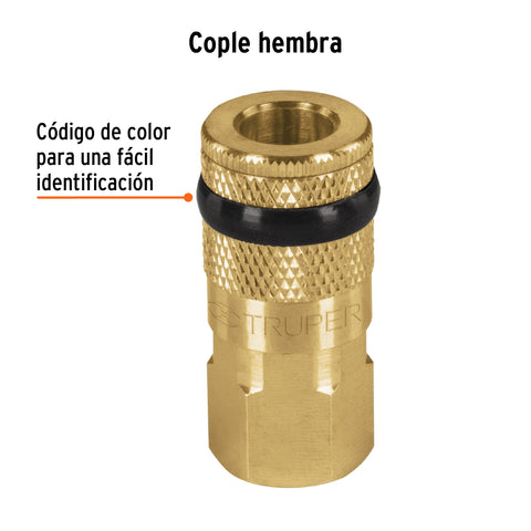Cople rápido de latón, hembra, cuerda 1/4' NPT, TRUPER | COPLE-HEM-1/4 | 19084