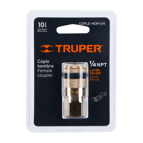 Cople rápido de latón, hembra, cuerda 1/4' NPT, TRUPER | COPLE-HEM-1/4 | 19084