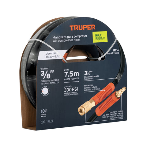 Manguera para compresor, de hule, 7.5m x 3/8', Truper | MAN-AP-7.5-3/8 | 19214