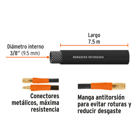 Manguera para compresor, de hule, 7.5m x 3/8', Truper | MAN-AP-7.5-3/8 | 19214