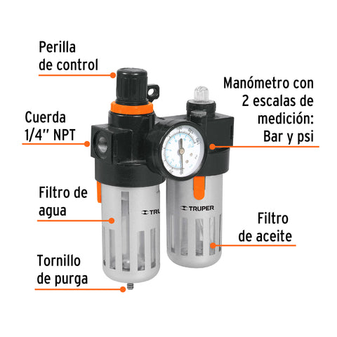 Filtro y regulador de aire con módulo de lubricación, TRUPER | UNI-LL-1/4 | 19238