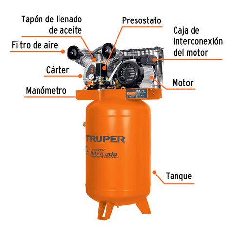 Compresor lubricado, de banda, 120L, 4HP, vert, 220V, TRUPER | COMP-120LV | 19358