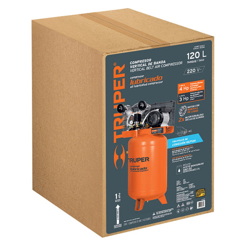 Compresor lubricado, de banda, 120L, 4HP, vert, 220V, TRUPER | COMP-120LV | 19358