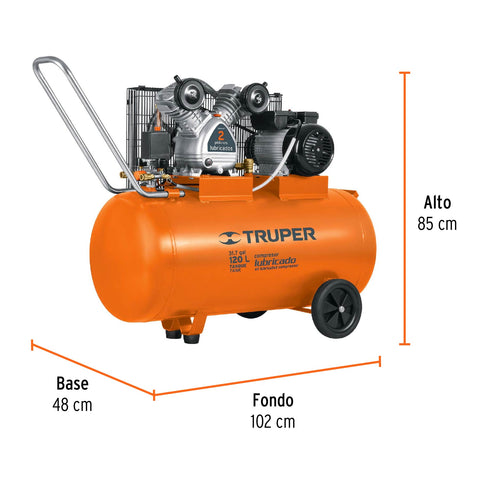 Compresor lubricado, de banda, 120L,4HP, hor, 220V, TRUPER | COMP-120LH | 19359