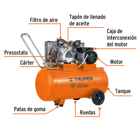 Compresor lubricado, de banda, 120L,4HP, hor, 220V, TRUPER | COMP-120LH | 19359