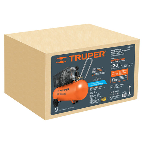 Compresor lubricado, de banda, 120L,4HP, hor, 220V, TRUPER | COMP-120LH | 19359