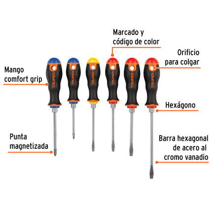 Juego de 6 desarmadores mango Comfort Grip, Truper | DTJ-6B | 19621
