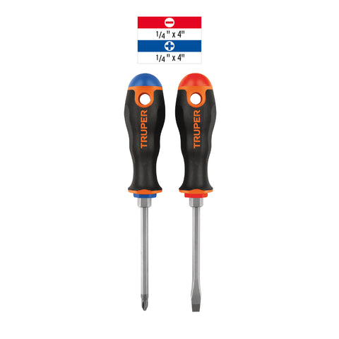 Dúo de desarmadores 1/4' x 4' mango Comfort Grip, Truper | DUO-1/4X4B | 19622