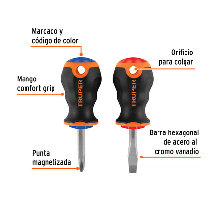 Dúo de desarmadores 1/4' x 1-1/2' mango Comfort Grip, Truper | JDT-2B | 19624
