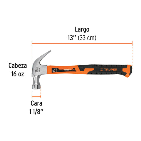 Martillo 16 oz uña curva, mango fibra de vidrio, Truper | MA-16F | 19710