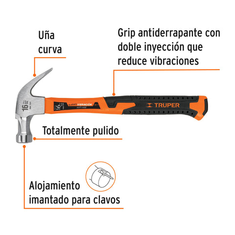 Martillo 16 oz uña curva, mango fibra de vidrio, Truper | MA-16F | 19710