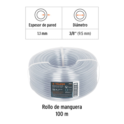 Metro de manguera 3/8' de nivel en rollo de 100 m, Truper | MAN-3/8N | 19862