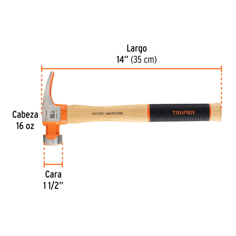 Martillo 16 oz uña recta tipo California Ripper, Truper Grip | MORCA-16 | 19989