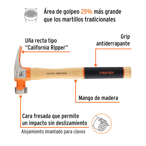 Martillo 16 oz uña recta tipo California Ripper, Truper Grip | MORCA-16 | 19989