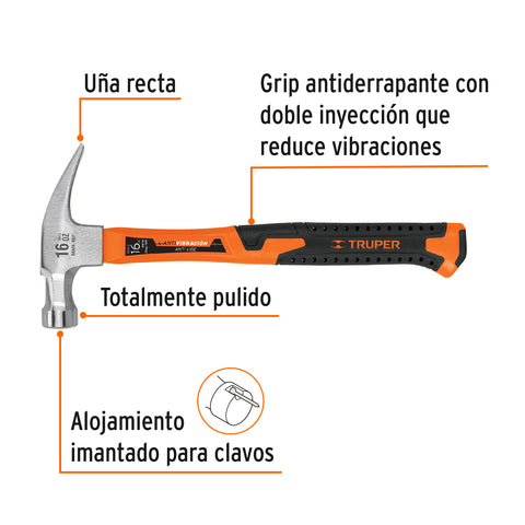 Martillo 16 oz uña recta, mango fibra de vidrio, Truper | MAR-16F | 19997