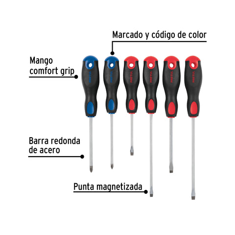 Juego de 6 desarmadores mango Comfort Grip, Pretul | JD-6BP | 20220