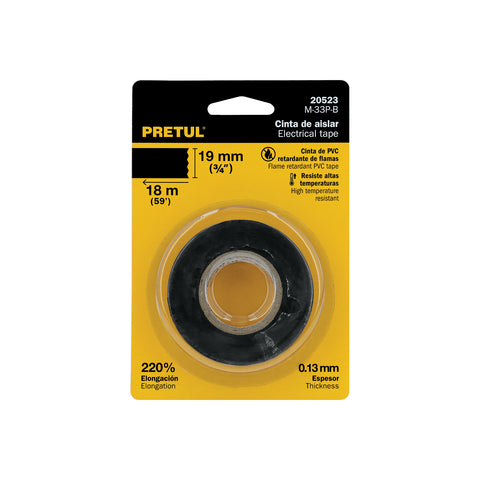 Cinta de aislar de 18 m x 19 mm, negra en blíster, Pretul | M-33P-B | 20523