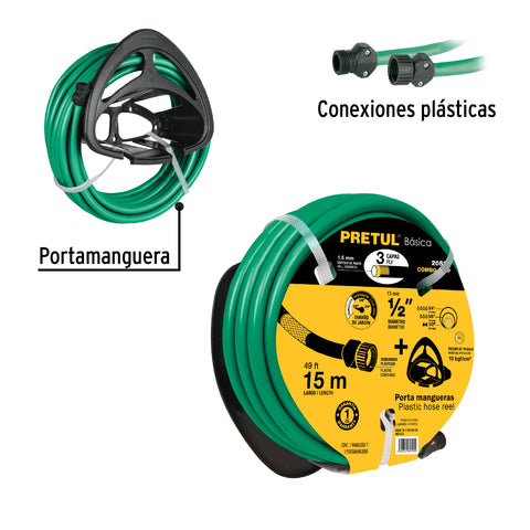 Combo manguera MAN-15X1/2P y portamanguera negro, Pretul | COMBO-201P | 20587