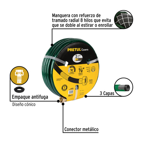 Manguera 1/2' reforzada 3 capas conexiones metal 20m, Pretul | MAN-20X1/2PM | 20655