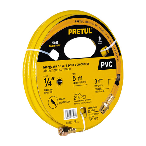 Manguera para compresor, de PVC, 5m x 1/4', Pretul | MAN-PI-5-1/4P | 20662