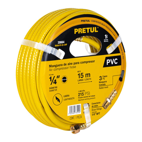Manguera para compresor, de PVC, 15m x 1/4', Pretul | MAN-PI-15-1/4P | 20664
