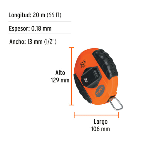 Cinta métrica larga 20 m, metálica, carcasa plástica, TRUPER | PRO-20ME | 20900
