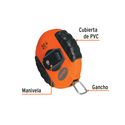 Cinta métrica larga 20 m, metálica, carcasa plástica, TRUPER | PRO-20ME | 20900