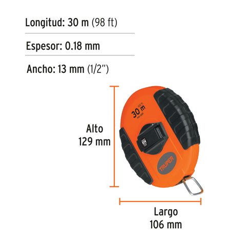 Cinta métrica larga 30 m, metálica, carcasa plástica, TRUPER | PRO-30ME | 20901